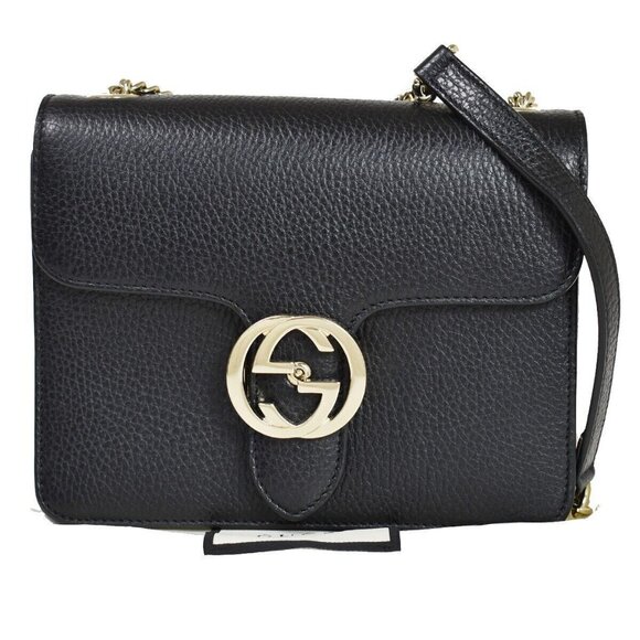 GUCCI GG Interlocking Crossbody Chain Shoulder Bag Leather Black Gold 636RH130 - Picture 1 of 16